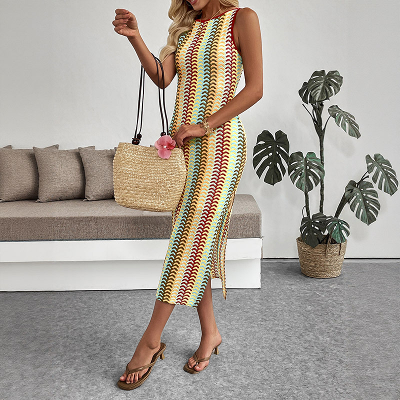 Color Striped Crocheted Round Neck Vest Sleeveless Dress
