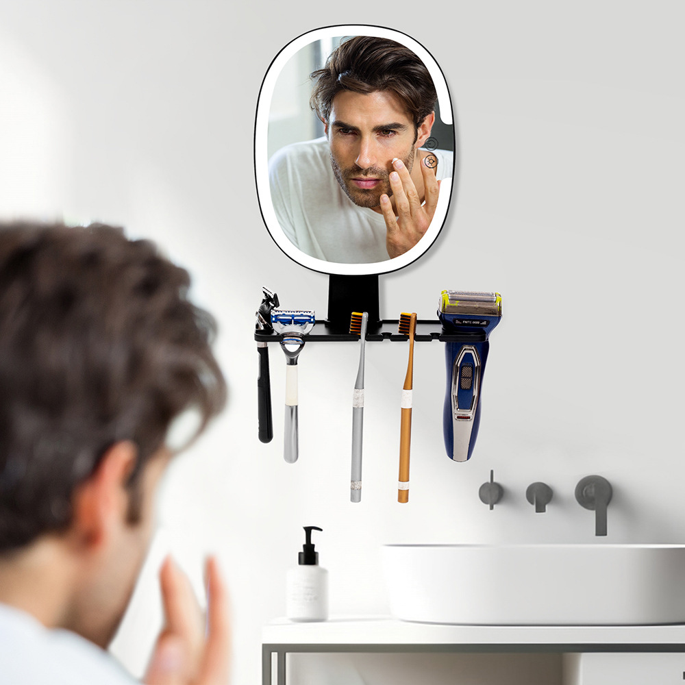 LED Wall-mounted Makeup Mirror With A Storage Shelf And Hanging Hook