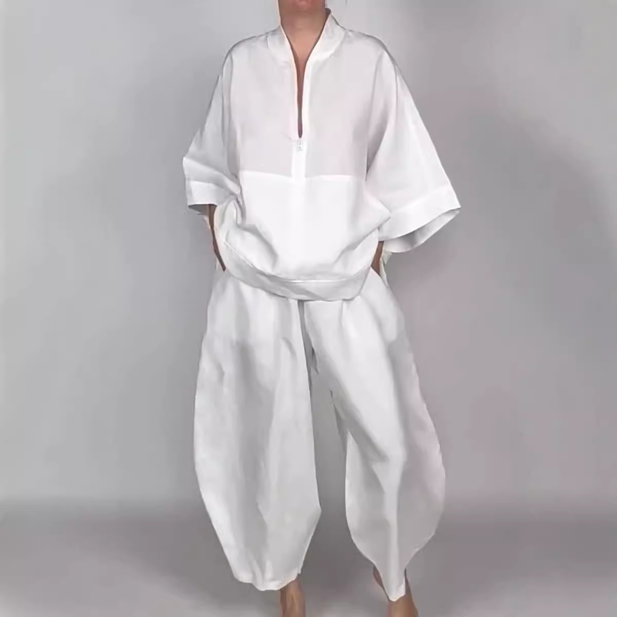 Loose Casual Pocket Half Zipper Top Bud-shaped Pants Suit