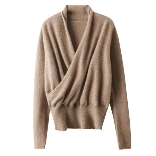 Women's Wool Skin friendly Cross collar Top Camel - Shop at LoveMi