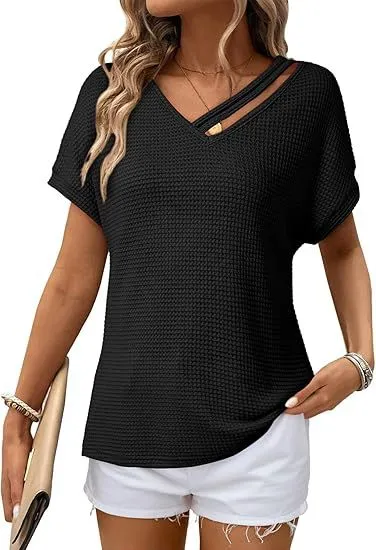 Waffle knit Short sleeve V neck Women's Fashion Casual Black - Shop at LoveMi
