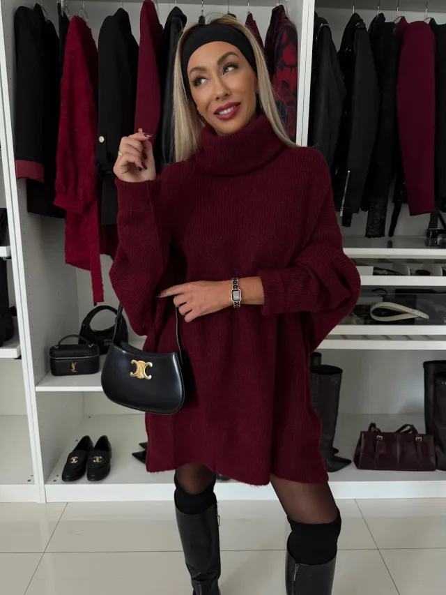 Women's Turtleneck Long Sleeve Knitted Long Sweater Wine Red - Shop at LoveMi