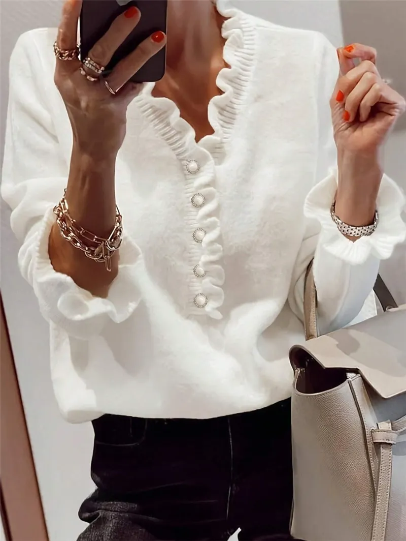 Winter V-neck Ruffled Knitted Sweater Fashion Pullover Long-sleeved Tops For Women - White