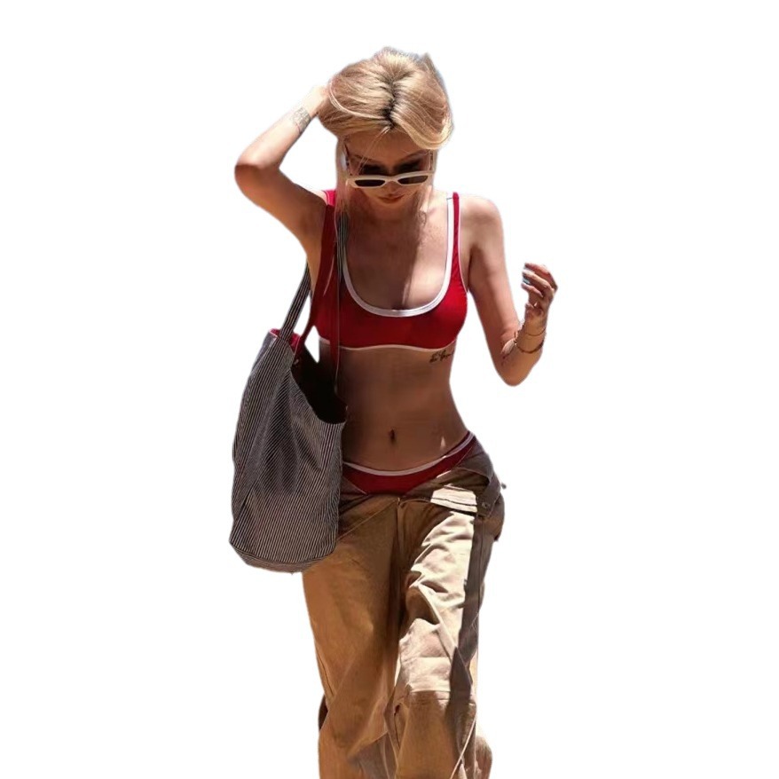 Retro Simple Solid Color Vest Sports Small Chest Split Swimsuit