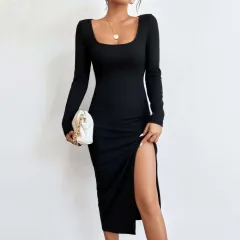 Autumn And Winter Elegant And Sophisticated Square Neck Mid-length Dress For Women - Black - View 1