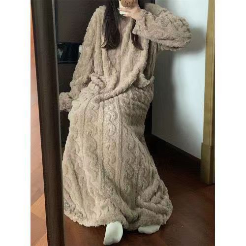 Winter Koralle Fleece Nachtwäsche Damen Nachthemd Lang Nachtkleid Pyjama mit Po - Bild 7 von 11