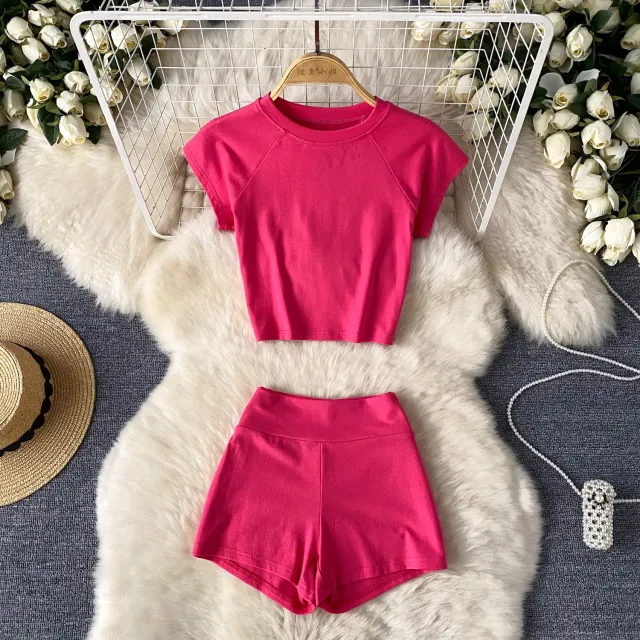 Crew neck Cropped T shirt High waisted Slimming Shorts Red - Shop at LoveMi