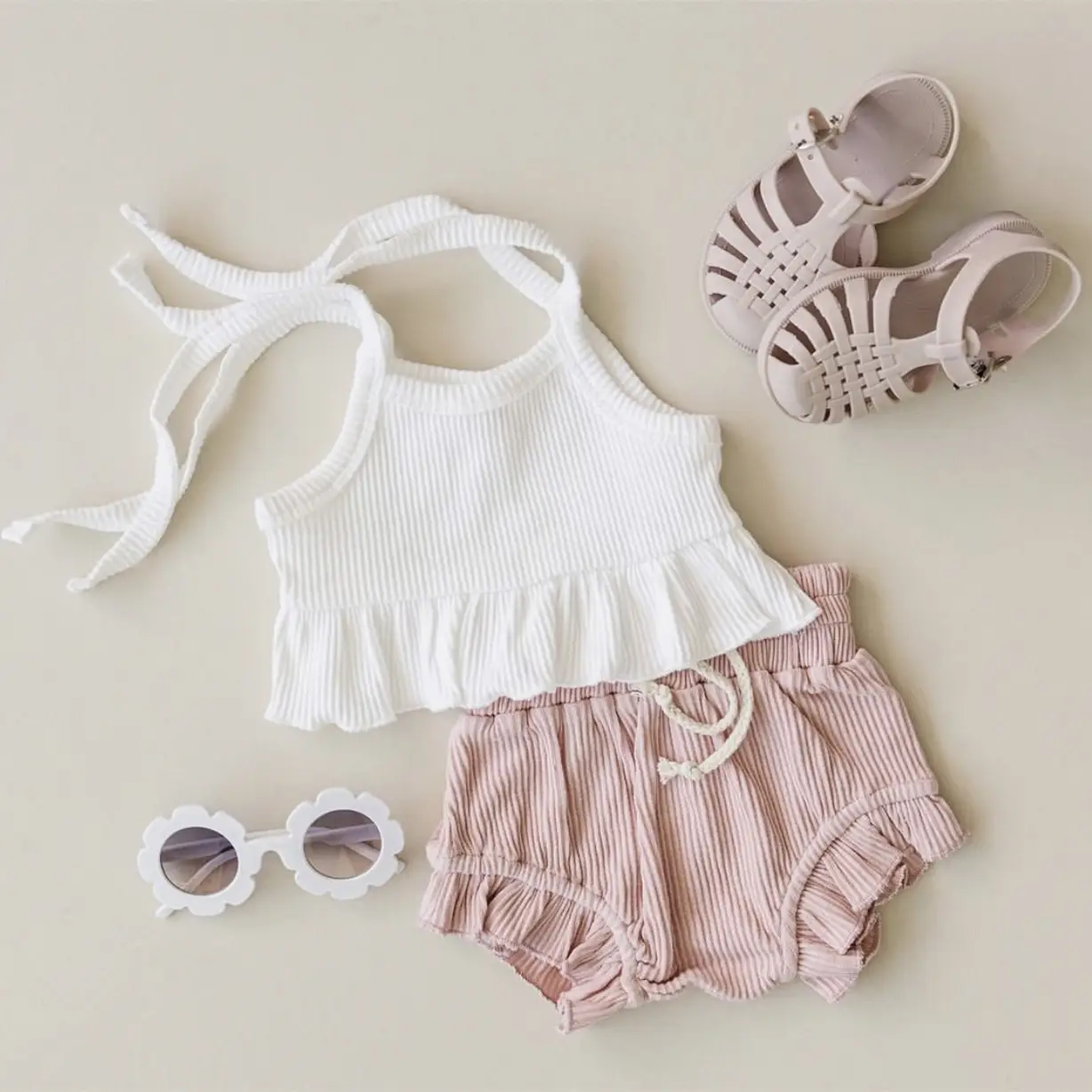 Girls' Baby Knitted Sunken Stripe Stretch Vest Shorts