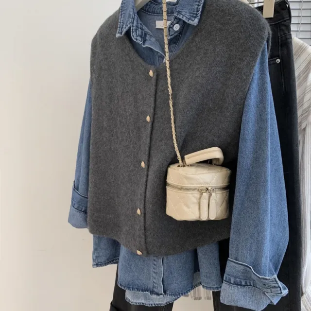 French Retro Small Golden Button Round Neck Knitted Vest For Women Loose Gold - Shop at LoveMi
