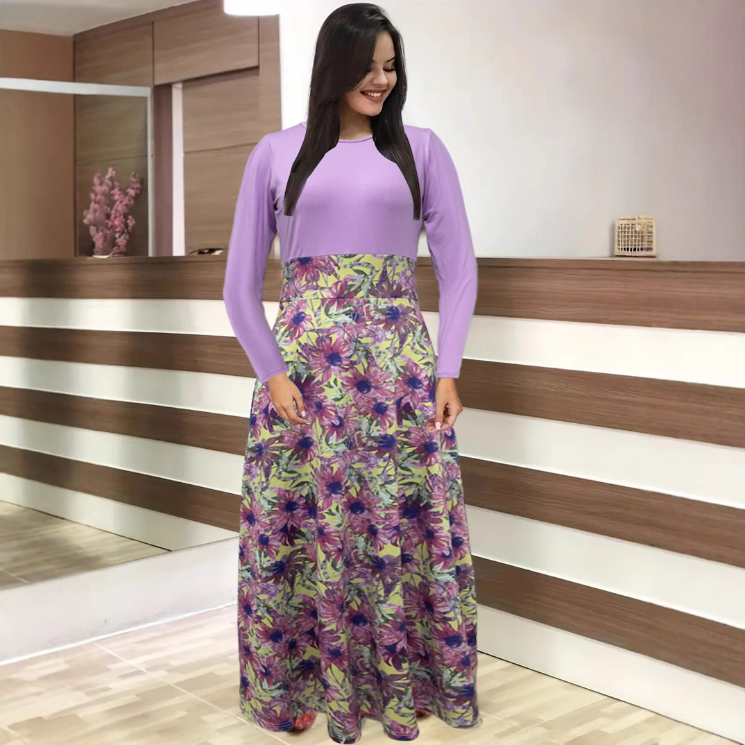 Womens Long-sleeve Crew-neck Printed Dress