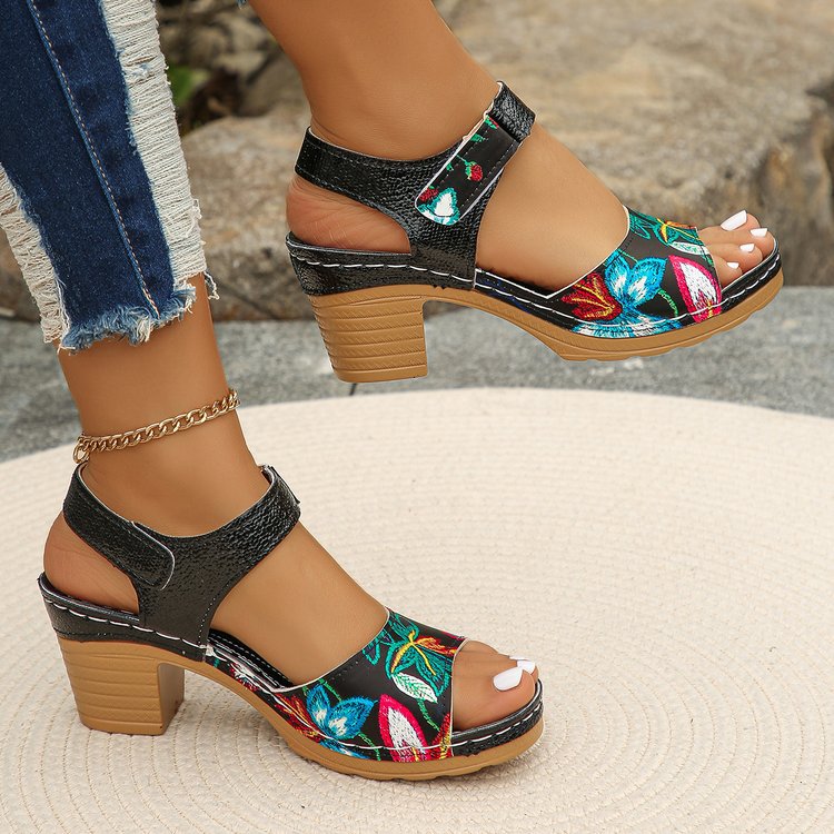 Plus-size Chunky High-heeled Sandals With Embroidery And Velcro For Women