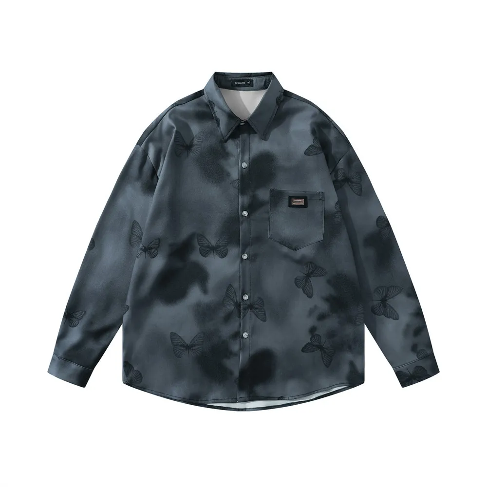 Butterfly Full Print Tie-dye Design Niche Loose Long Sleeve Shirt - Gray