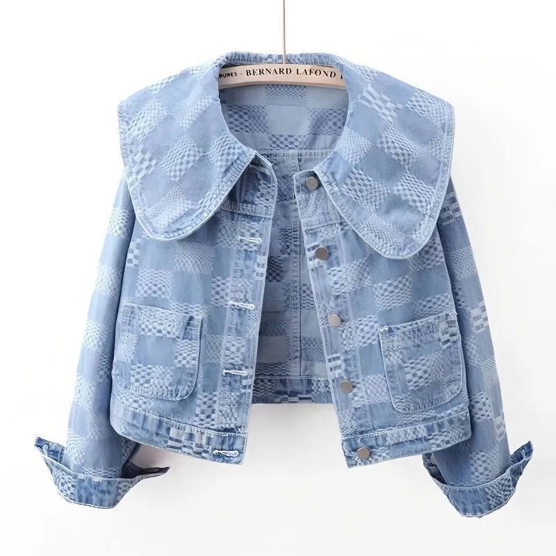 Niche Sailor Collar Jacquard Short Denim Coat - Light Blue