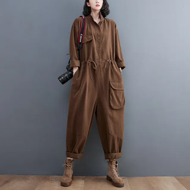 Women's Jumpsuit Retro Art And Versatile Plus Size Loose One piece Trousers Autumn New Casual Pants Brown - Shop at LoveMi