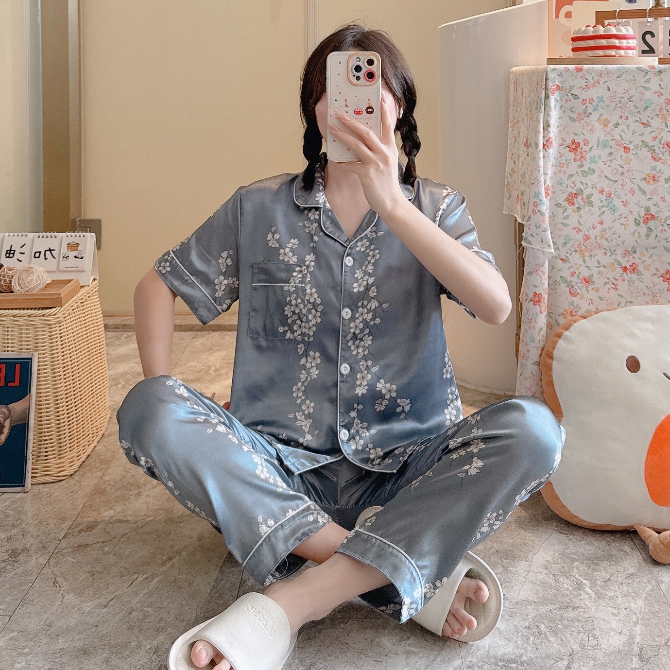 Summer Casual Short Sleeve Comfortable Lapel Ice Silk Home Wear Women 7 Style M - Shop at LoveMi