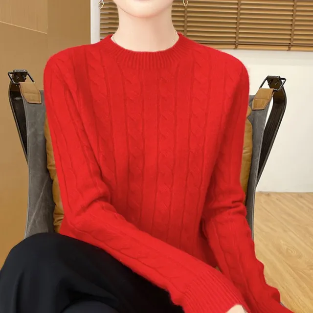 Twist Sweater Knit Vintage Round Neck Base Shirt Bright Red - Shop at LoveMi