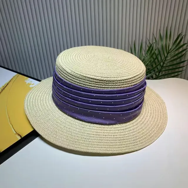 Spring And Summer Short Brim Satin Rhinestone Straw Flat Top Hat Women Purple - Shop at LoveMi