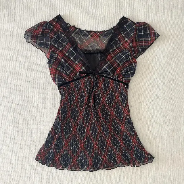 Retro Artistic Style V neck Plaid Slightly Transparent Slimming T shirt Plaid - Shop at LoveMi