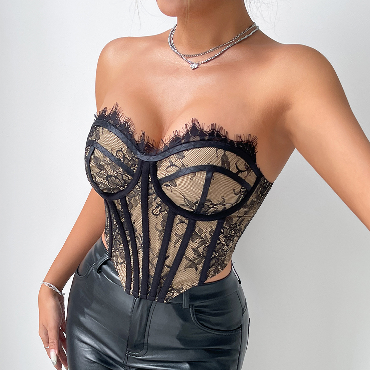 Irregular Steel Ring Fishbone Lace Slim Backless Row Buckle Sexy Outerwear Tube Top Black - Shop at LoveMi