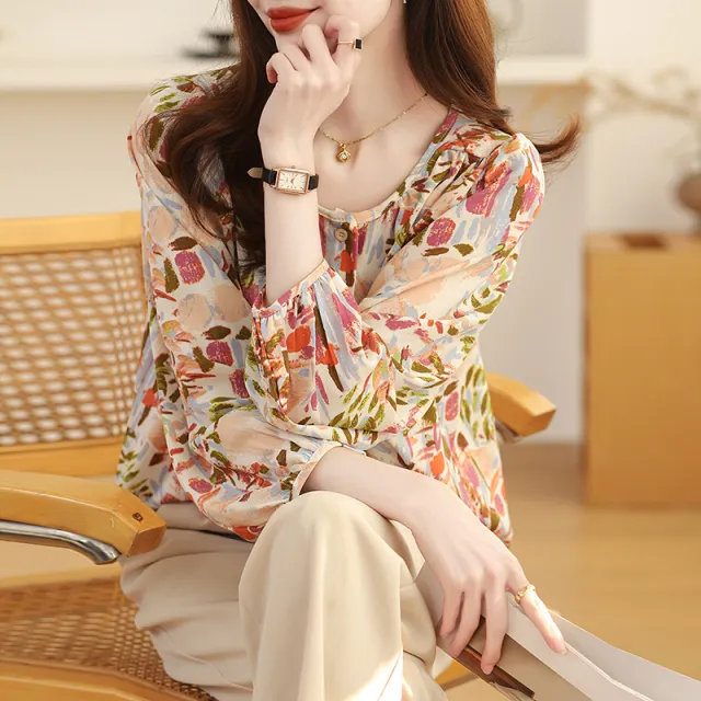 Real Shot French Style Vintage Floral Nine quarter Sleeve Shirt For Women Floral - Shop at LoveMi
