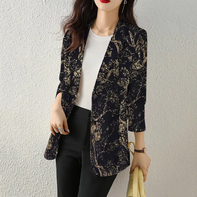 Women's Button Printed Long sleeved Pocket Vintage Cotton And Linen Blazer Navy Blue - Shop at LoveMi