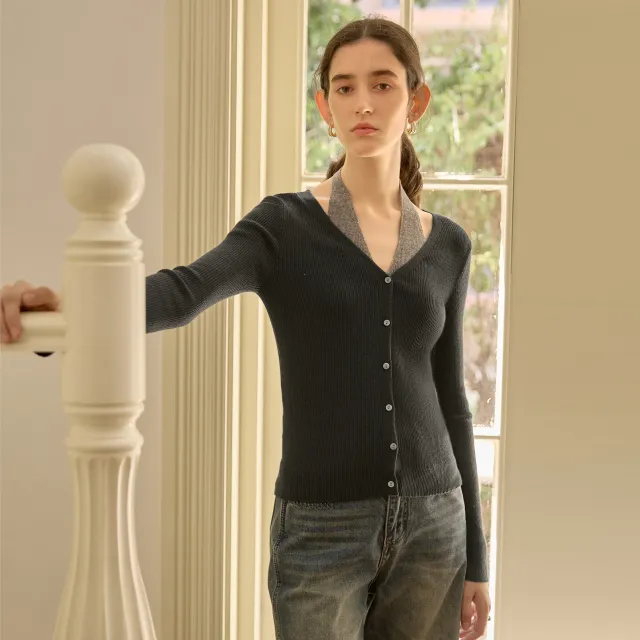 Elegant V neck Single Breasted Long sleeved Sweater Gray - Shop at LoveMi