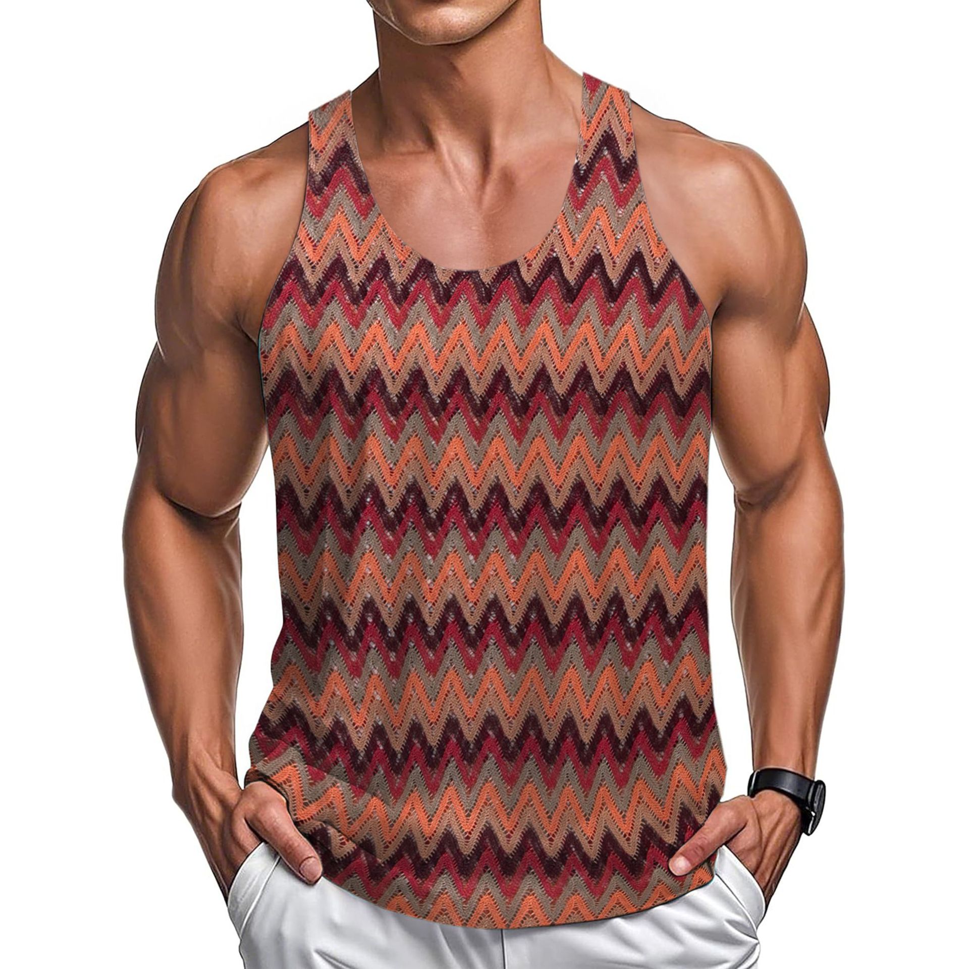 Summer Casual Men's Clothing Retro Style Contrast Color Wave Color Stripes Fabric Vest