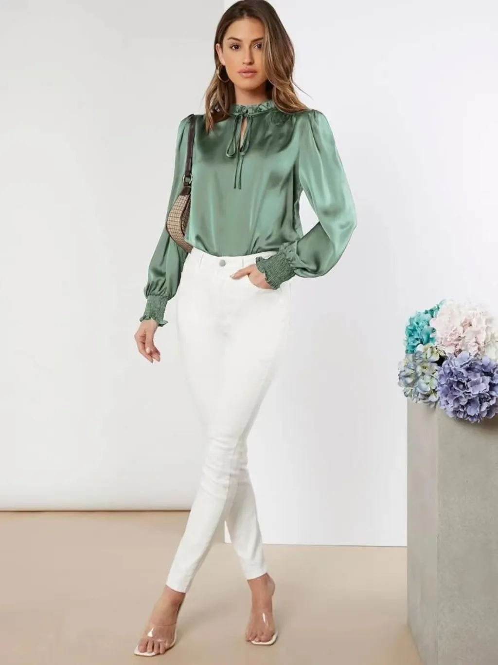 Women's Elegant Solid Color Round Neck Long Sleeve Tie Straight Shirt - Green