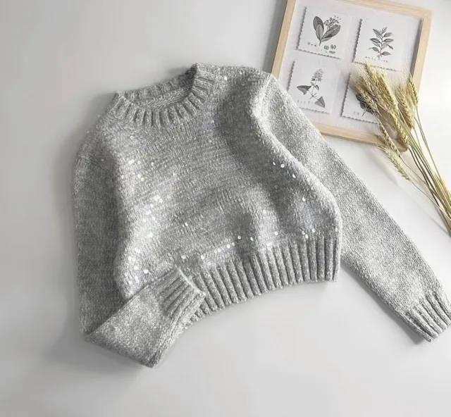 Design Sense Heavy Embroidery Sequins Pullover Light Gray - Shop at LoveMi