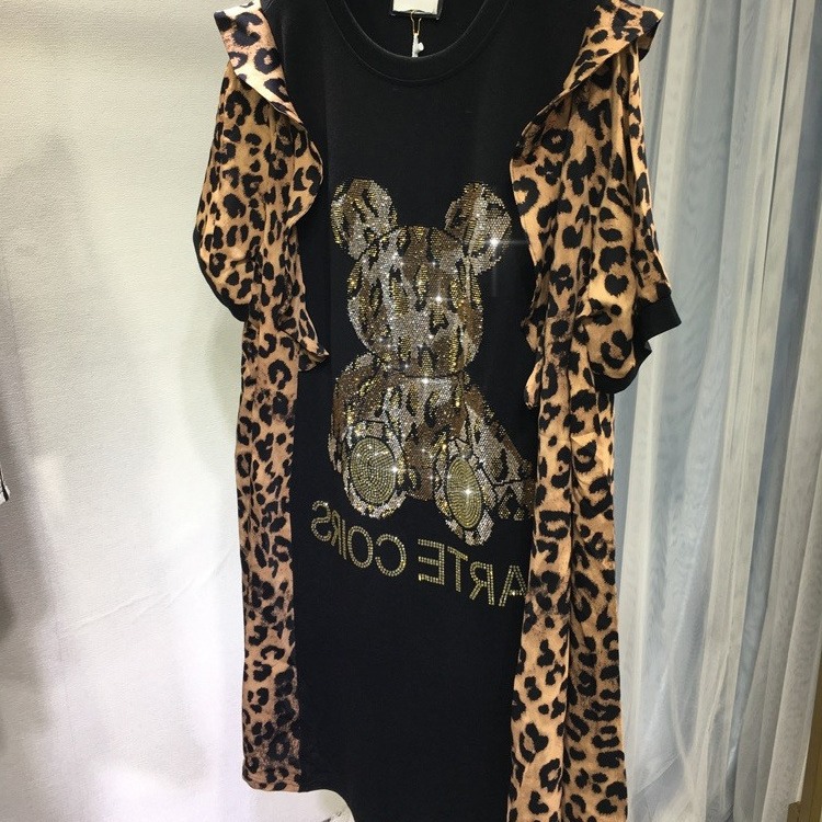 Summer Hot Rhinestone Dress Leopard Print Wooden Ear Bear Short Sleeve