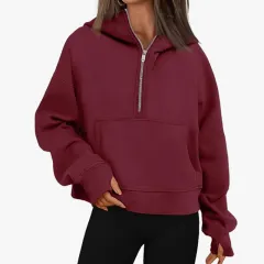 Autumn And Winter Zipper Long Sleeve Loose Hooded Sweater - Wine Red - View 1