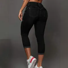 Womens Solid-Colour High-Waist Bootcut Waist-Cinching Denim Jeans - Black - View 1