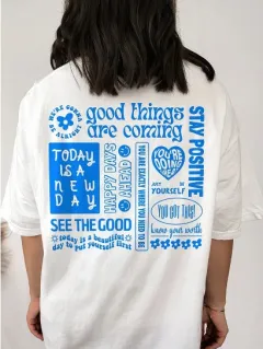 New Letter Fashion Printed Heel Wrapped Collar Fleece-lined Cotton T-shirt - White - View 1