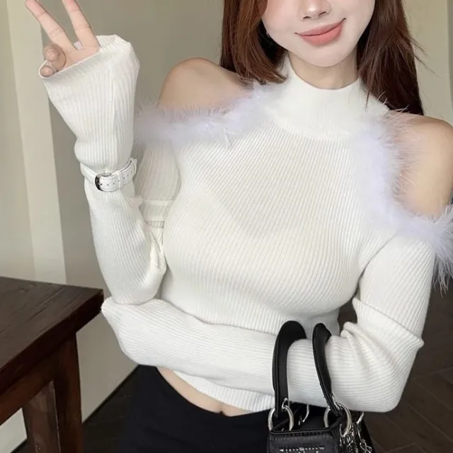 Women's Half turtleneck Stitching Hollow Out Shoulder baring Knitwear Top White - Shop at LoveMi