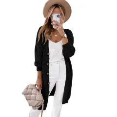 Solid Color Long-sleeved Sweater Women's Hollow-out Long Cardigan - Lc271948 Black - View 1