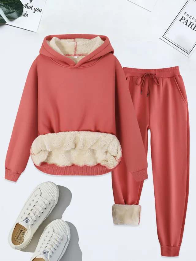 Women's US Size Suit Winter Warm Hoodie Lambswool Hooded Hooded Pullover Tops Rose Red - Shop at LoveMi