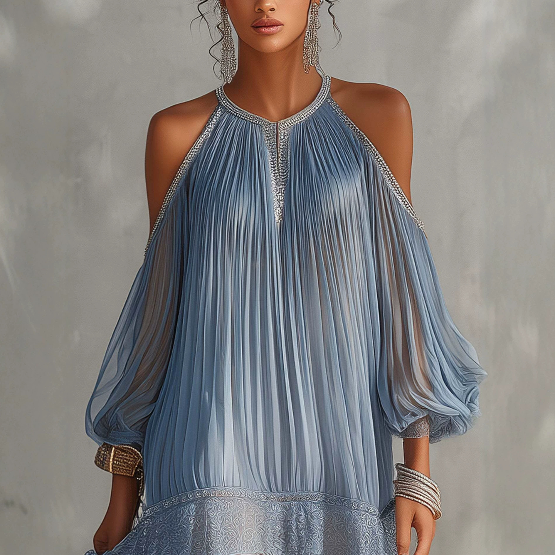 Lace-Trimmed Puff-Sleeve Mini Dress