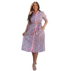 European And American High Waist Lace-up Midi Dress - Pink - View 1