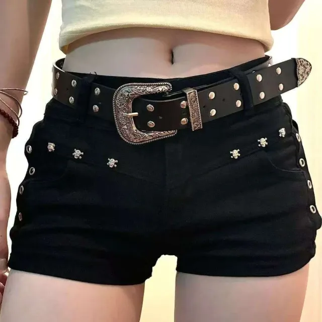 Black Sheath Wild Slimming Stretch A Line Rivet Denim Shorts Black - Shop at LoveMi