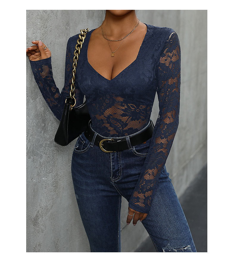 Women’s Lace Long Sleeve Bodysuit – Deep V Neck Solid Top