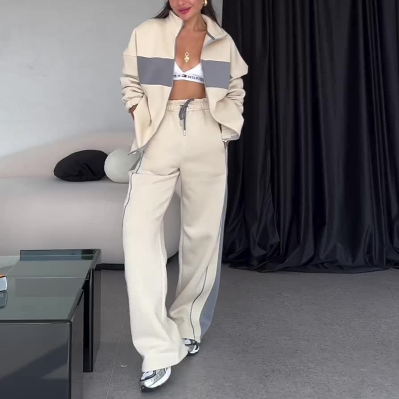 Women's Casual Advanced Contrast Color Comfortable Loose Sweater Pants Suit Apricot - Shop at LoveMi