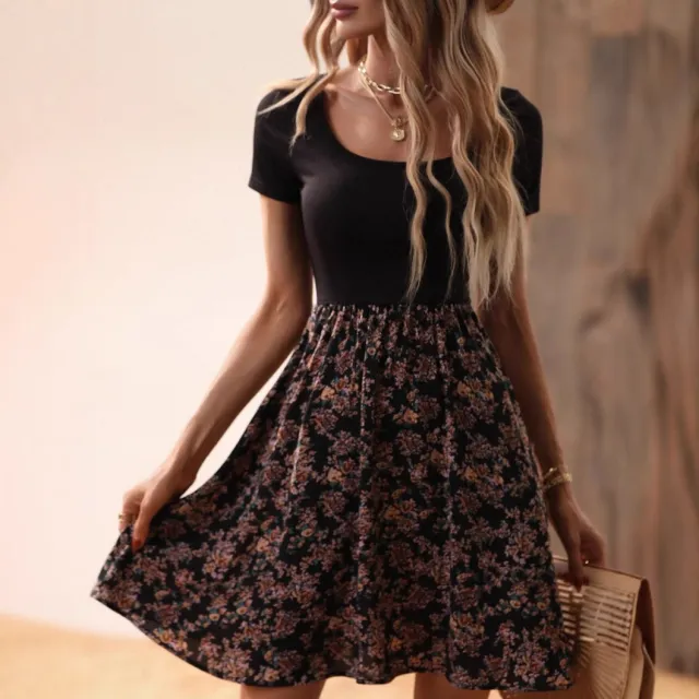 European And American Spring And Summer Floral Print Low Collar Leisure Vacation High Waist Big Swing Dress Black - Shop at LoveMi