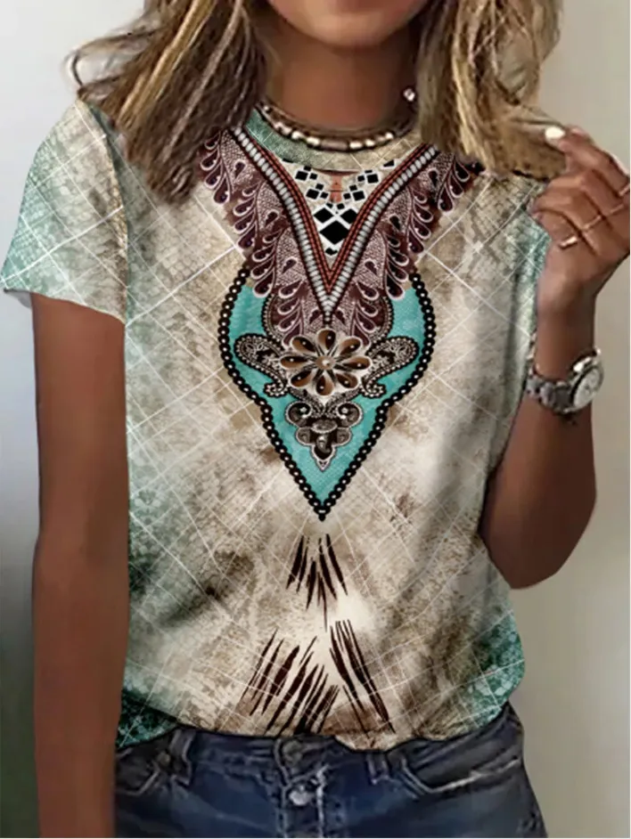 European And American Leisure Digital Printing Short Sleeve Large Size Top T-shirt - 12 Style-M