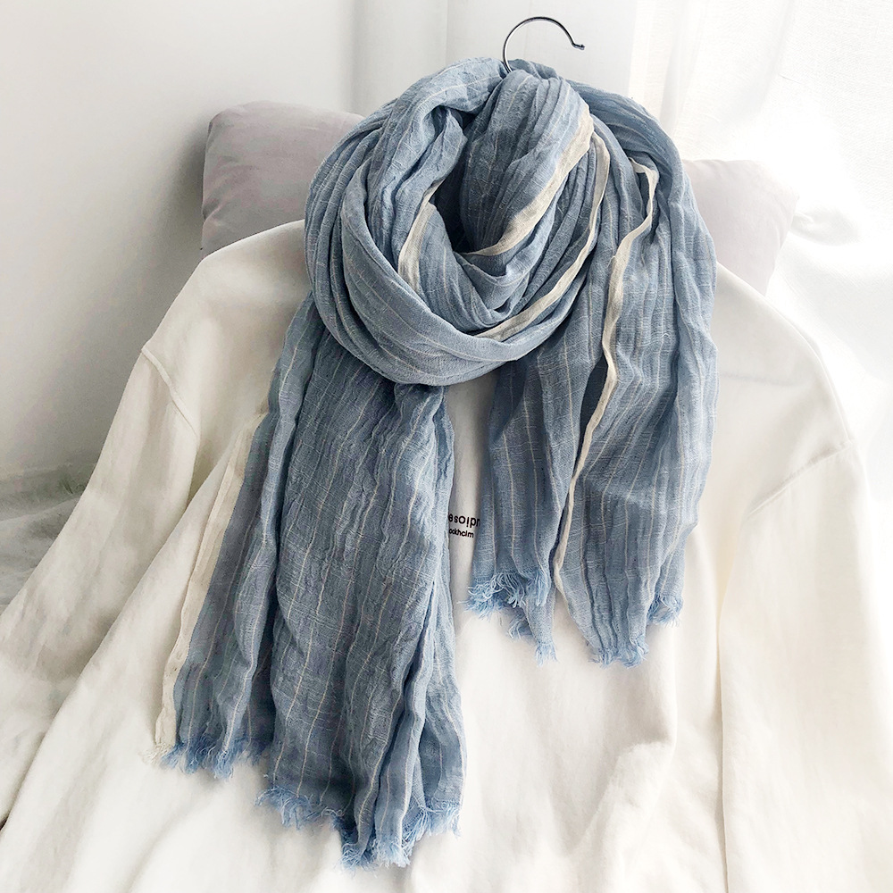 Autumn And Winter Striped Cotton And Linen Pleated Scarf Shawl