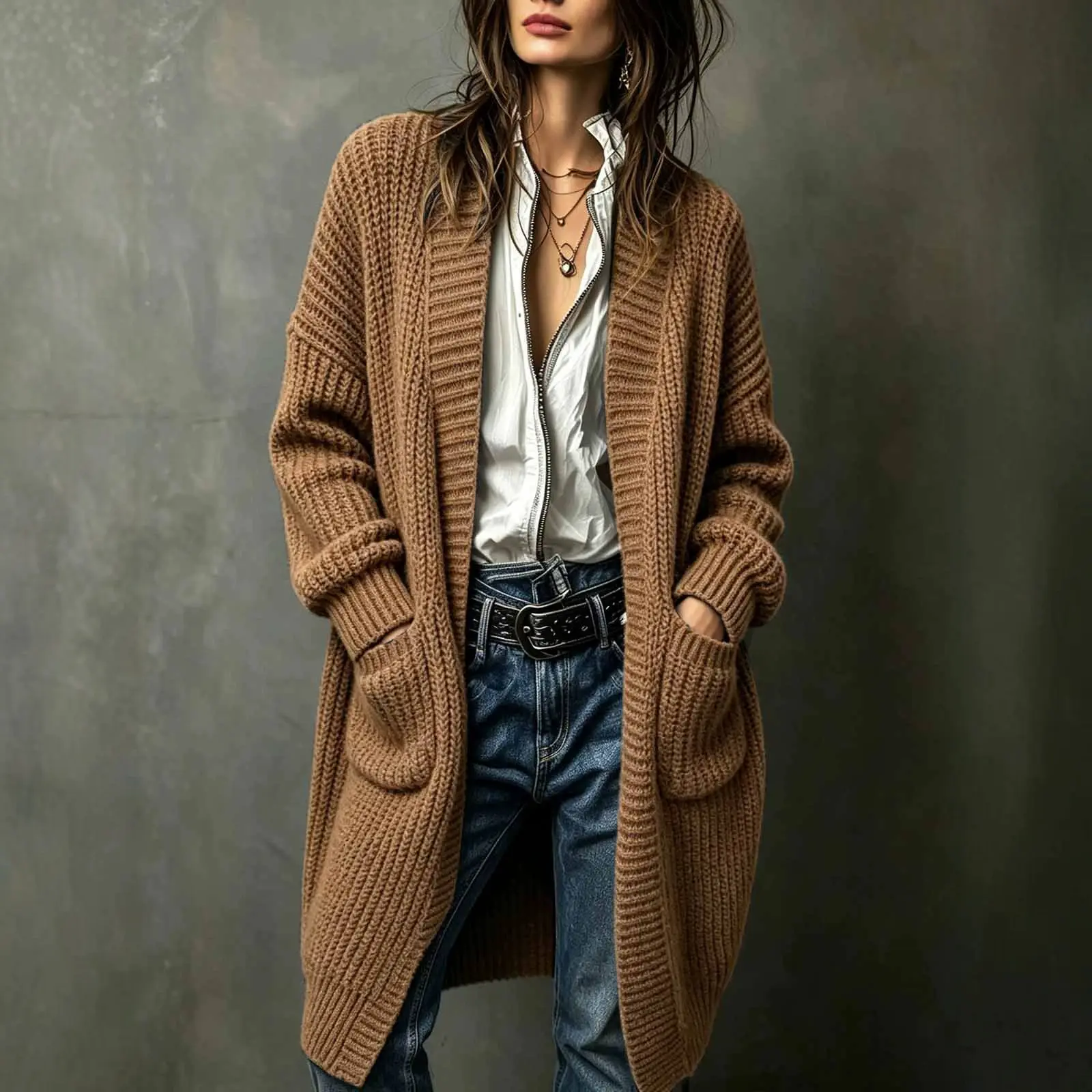 Western-style Breezy Pocket Cardigan Sweater