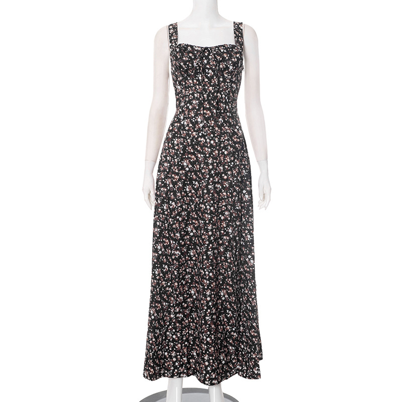 European And American Spring And Summer Floral Backless Slim Fit Sleeveless Split Dress Black - Shop at LoveMi