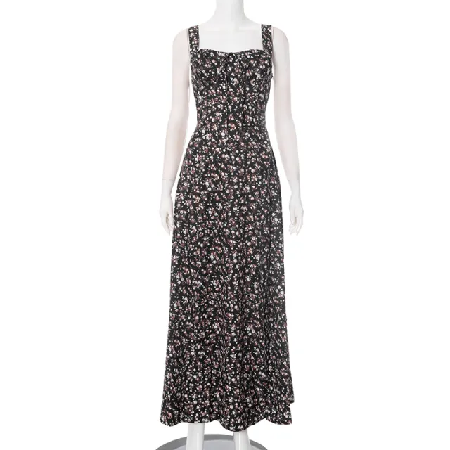 European And American Spring And Summer Floral Backless Slim Fit Sleeveless Split Dress Black - Shop at LoveMi