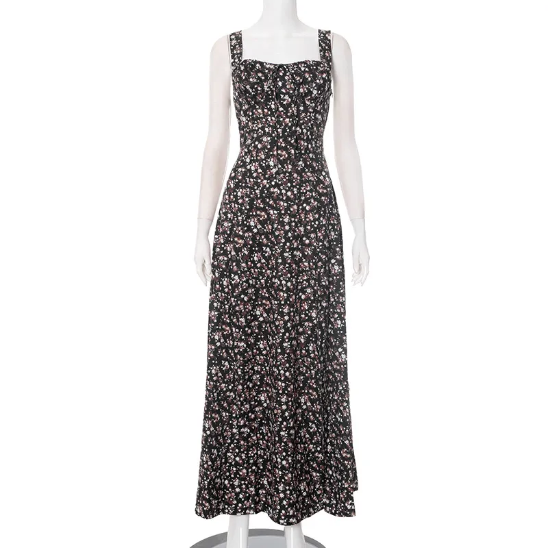 European And American Spring And Summer Floral Backless Slim Fit Sleeveless Split Dress - Black