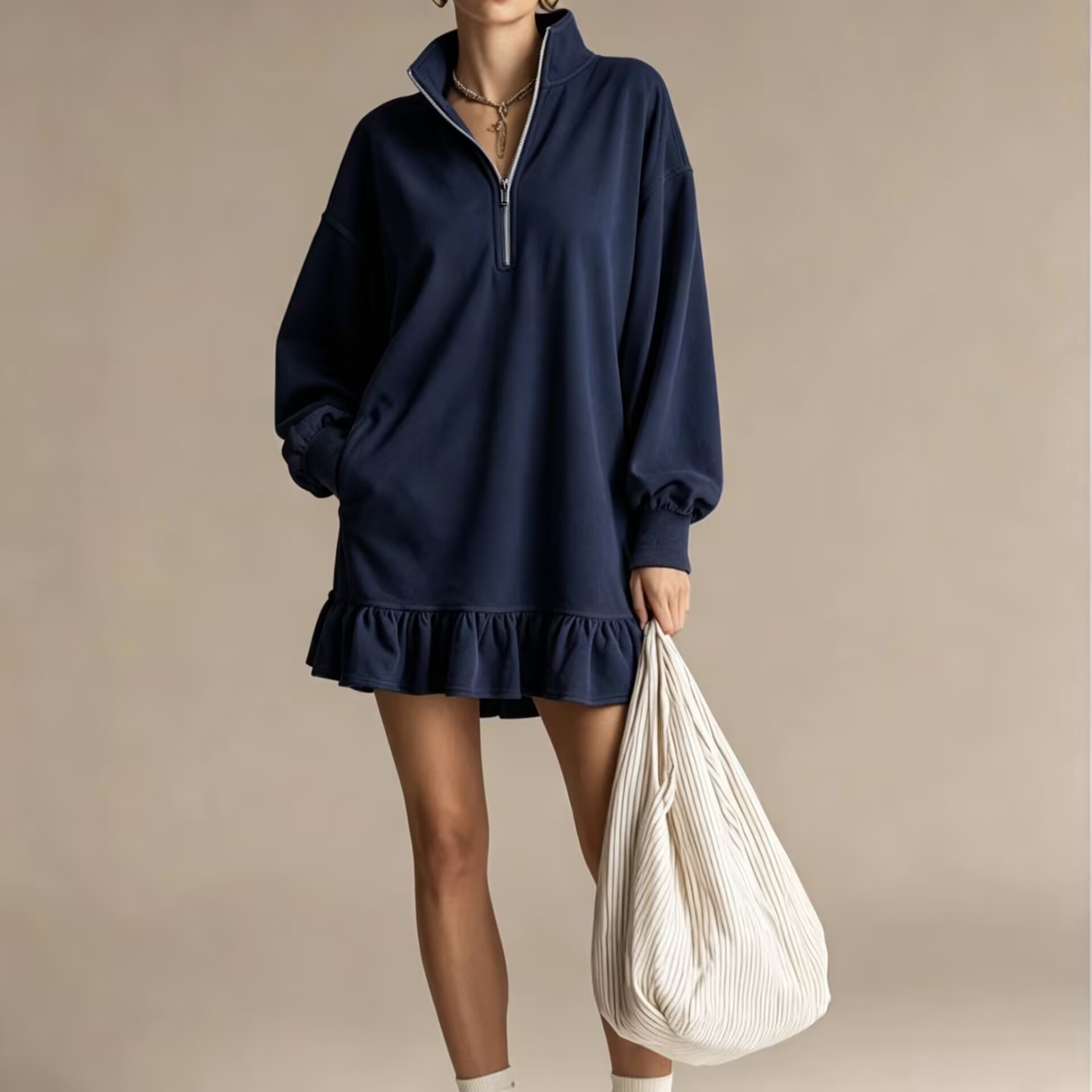 Half-zip Stand-up Collar Loose-fitting Casual Women's Dress