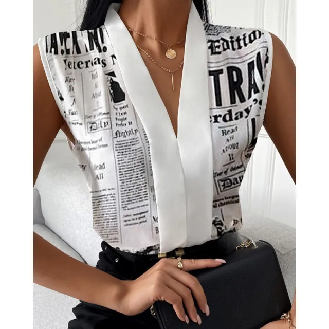 Printed Sleeveless Shirt Top For Women Newspaper - Shop at LoveMi